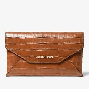 Michael Kors Jet Set Walnut MD Envelope Clutch Embossed Leather NEW